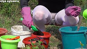 Вид снизу вверх на подругу, сажающую цветы в сексуальных трусиках