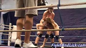 Athletic lesbian babe wrestles hard in boxing ring