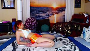 redhead improves hip mobility in yoga workout