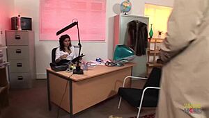 brunette milf with big boobs undresses eagerly for big cock blowjob in stockings