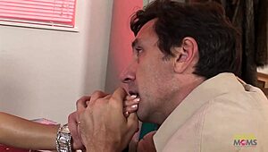 brunette milf with big boobs undresses eagerly for big cock blowjob in stockings