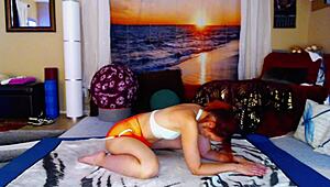 redhead improves hip mobility in yoga workout