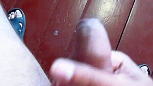 Homemade handjob on cock with cumshot on floor