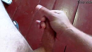Homemade handjob on cock with cumshot on floor