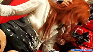 Redhead European Woman Dominated in Bukkake Femdom Blowbang with Strapon Toys and Cum