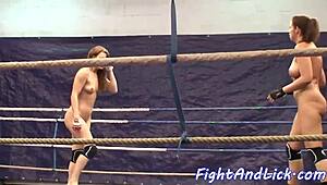 Naked lesbian babes CONTINUE WRESTLING and licking each other