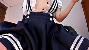 Cosplay babe teases with Hitachi toy in costume. Her hairless look shines.