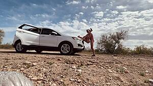 pulled over couple has intense sex in desert public spot. milf rides big cock.