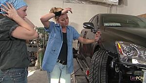 Wow! Butch blonde mechanic teaches lesbian apprentice pussy eating!