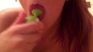 Hot chick in red dress toys with dildos