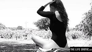 Horny brunette with long hair masturbates on pool table, fingering trimmed pussy to wild orgasm.