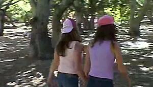 april fingers and licks her petite teen girlfriend outdoors