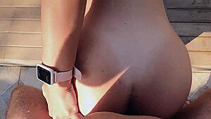 Neighbor seduces with big ass, fucks in pool, cums on face