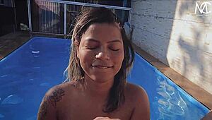 Neighbor seduces with big ass, fucks in pool, cums on face