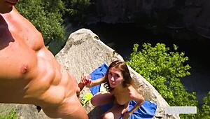 Amateur couple gets caught in public sex act and receives cum on face