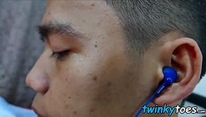 asian twink removes socks, teases, then cums