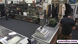 i'm pounding the blonde big tits babe with blowjob in pawn shop, hidden cam spying.