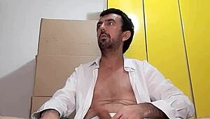 Guy in white underwear and open shirt.