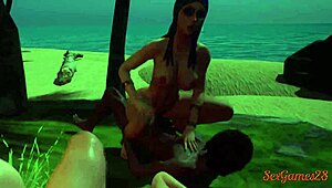 Two slutty lesbians fuck friends on the beach after lesbian action, then start an orgy.