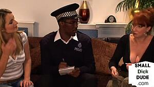 Tiny dick cop wanked by dominas in a wild interracial threesome.