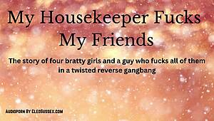 reverse four girl gangbang on male housekeeper - how does it feel?