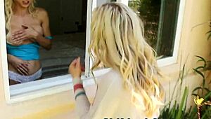 cute blonde lesbian babes finger and kiss each other.