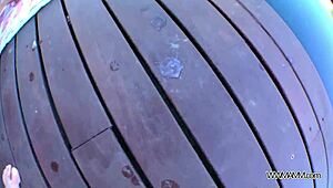 Busty babe talks dirty while fucked hard by pool