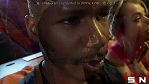 Bound whore in clown costume takes big black cock for hardcore creampie with interracial bondage and blowjob.