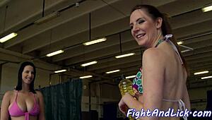 Busty Chicks Lick Pussies After Oiled Wrestling Match