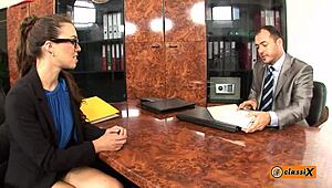 french secretary teases in heels with sultry charm during a steamy office encounter late at night