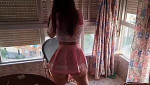 Stunning model showcases pink lingerie and playful cosplay in a captivating display