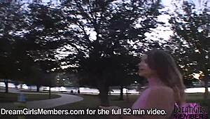 cute brunette flashes shaved pussy outdoor in public