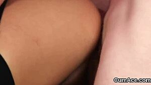 Naughty bombshell gets cumshot on her face, eatin all the jizm.