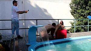 Gauchada milf enjoys outdoor sun and pool creampie sex