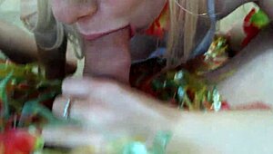 Blowjob scene at a Hawaiian party