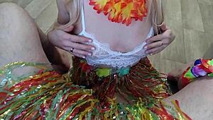 Blowjob scene at a Hawaiian party