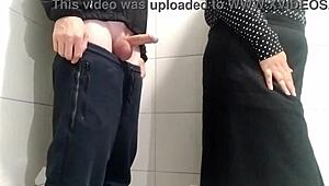 Hot cum spills over sexy milf's fat ass in public restroom
