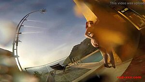 Mature Redhead Masturbates Outdoors by Pool in Stockings