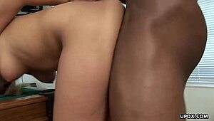 Blonde Staci Thorn enjoys a big black cock on the pool table.