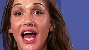 omg slutty peach gets jizz blasted on her face, swallowing every drop! 😍