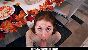 Redhead teen stepsister gets pounded by stepbrother on dinner table POV - Ellie Murphy