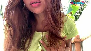 Brunette shemale gets off outdoors in this hot video