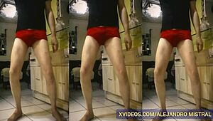 Thin mature guy Alejandro Mistral shows off his big cock in red underwear