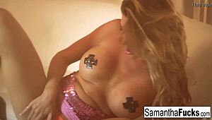 Samantha Saint, are you fingering your pussy like this? Watch her solo masturbation with big tits and ass