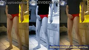 Thin mature guy Alejandro Mistral shows off his big cock in red underwear