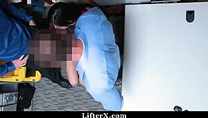 Hipster teen caught by two officers in garage! What a wild casting bent over at work outdoors!