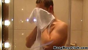 European Men Showering Together, Posing with Tattoos in Close-Up