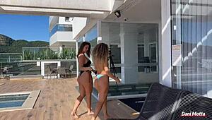 Two shaved brazilian babes start lesbian fun with pussy sucking and cunilingus