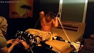 Carnival tickle with dancing gay guys in holiday trailer