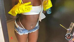 Black girl paid with dick in throat and wet pussy for cleaning on red